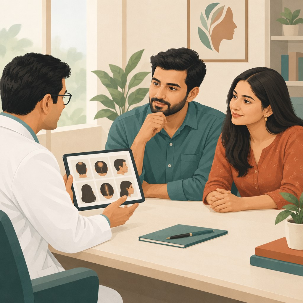 Illustration of an Indian man and woman discussing hair restoration with a dermatologist